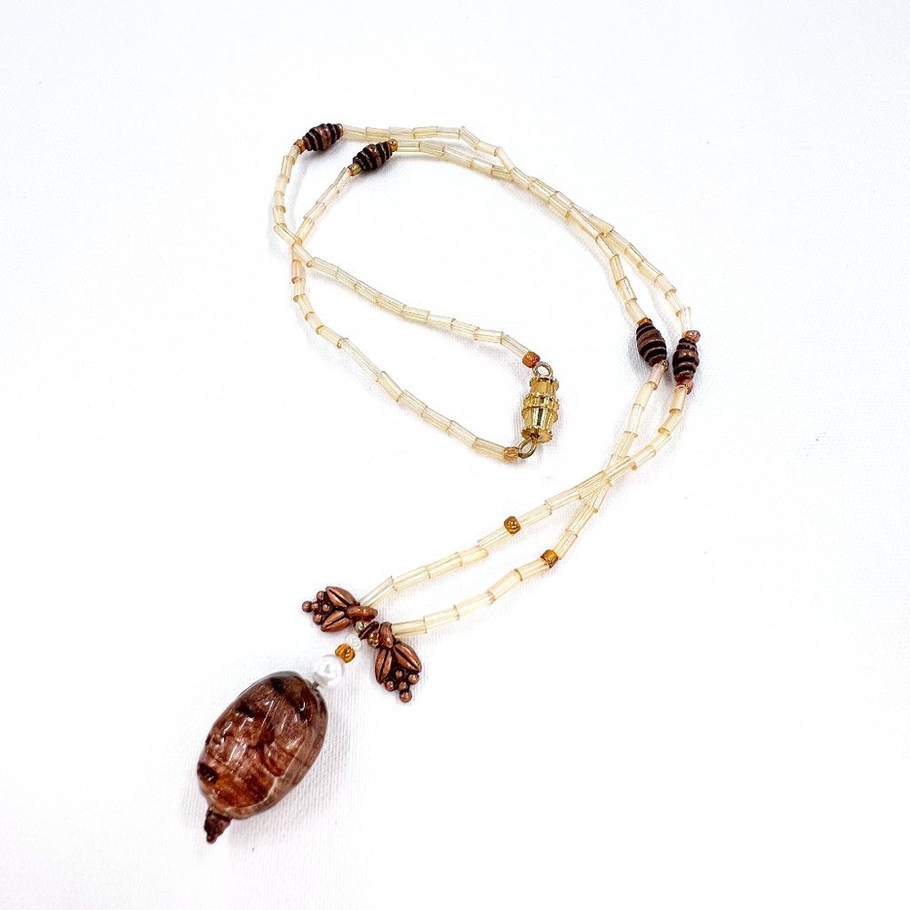 Copper Color Glass Bead Pendant AB Pale Yellow Beaded 19” Necklace